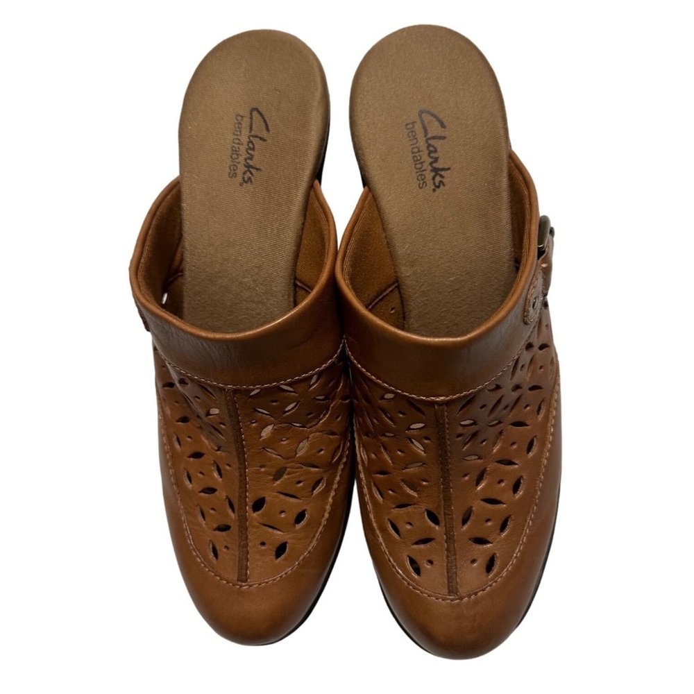 Clarks Bendables Women’s Leather Mule Slip on 6M Camel Tan Open Heel Clogs
